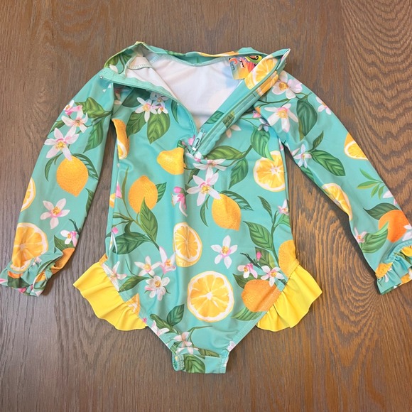 Girls Lemon Print Long Sleeve Rash Guard One Piece Swimsuit UPF 50+ Size 2-3T - Picture 2 of 5